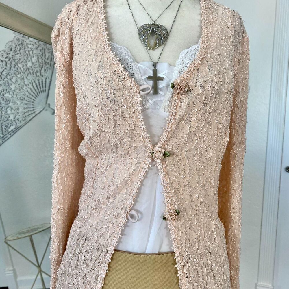 Blush Pink Vintage Fairy Coquette Whimsical Lace Rosebud Cardigan Plus 22 2XL - Picture 4 of 7